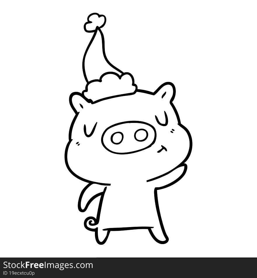 Line Drawing Of A Content Pig Wearing Santa Hat