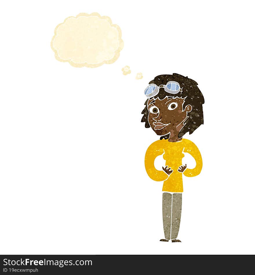 cartoon aviator woman with thought bubble