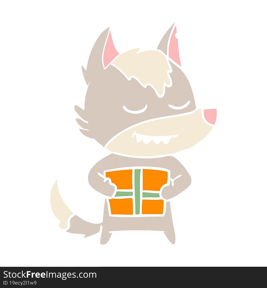 friendly flat color style cartoon wolf carrying christmas present