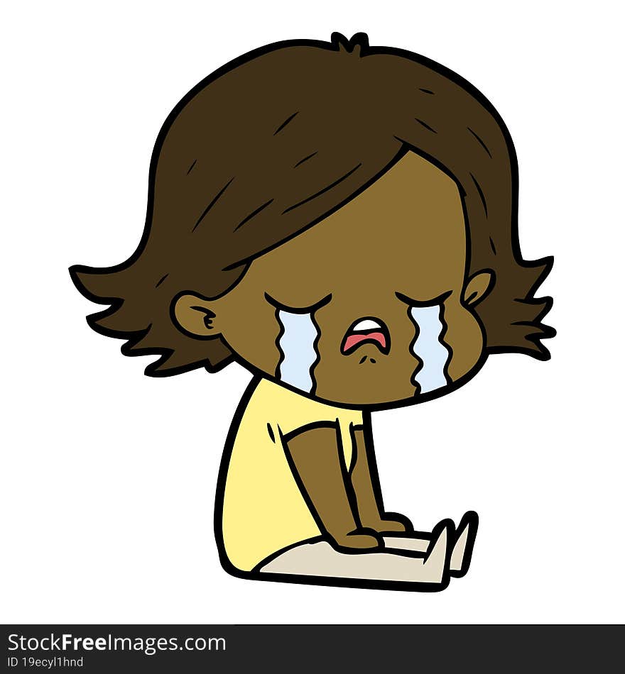 cartoon girl crying sat on floor. cartoon girl crying sat on floor