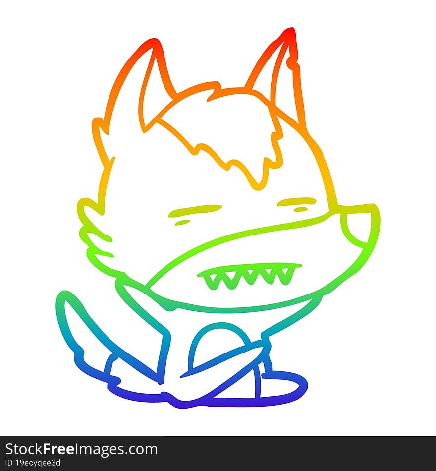 rainbow gradient line drawing of a cartoon wolf showing teeth