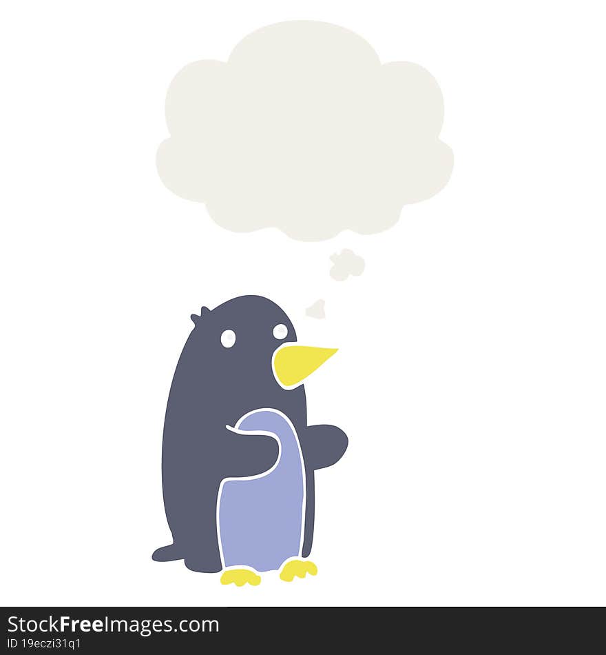 cartoon penguin with thought bubble in retro style