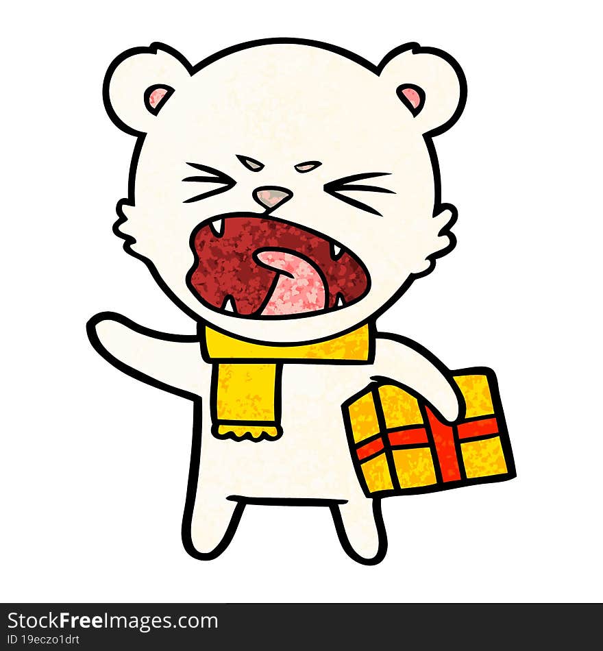 angry cartoon polar bear with christmas present. angry cartoon polar bear with christmas present