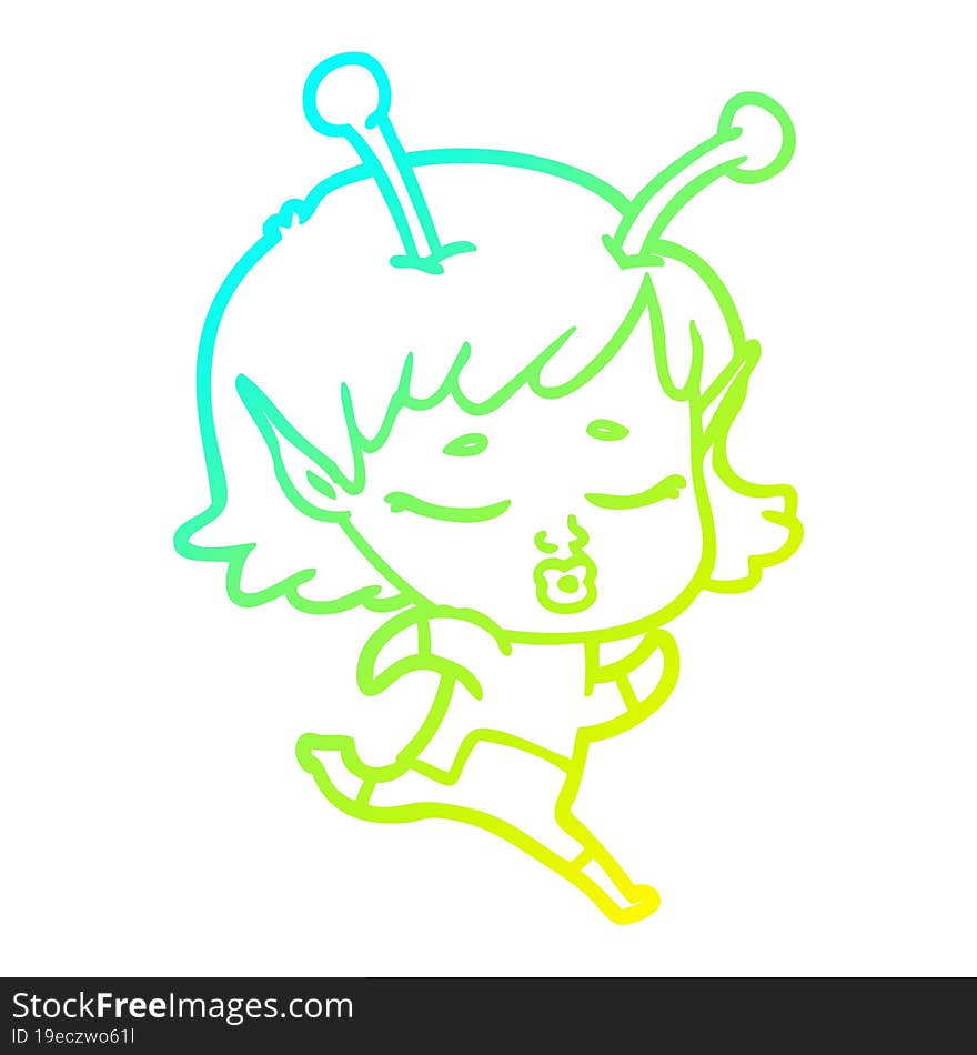 cold gradient line drawing of a cartoon alien girl