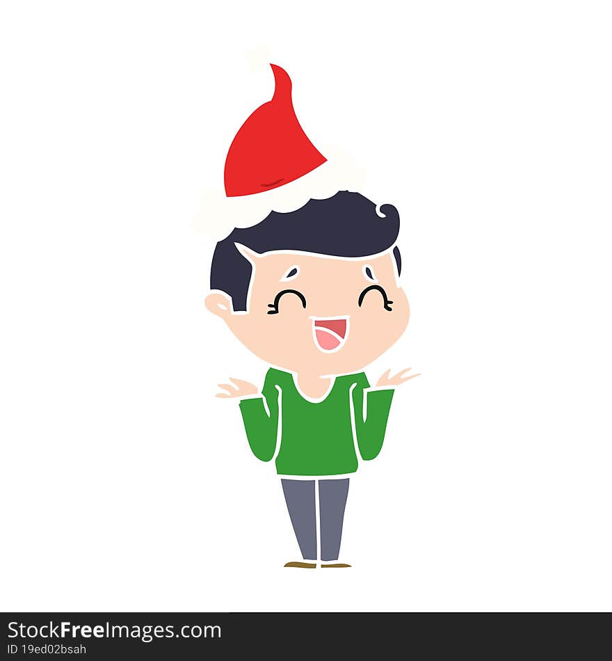 hand drawn flat color illustration of a laughing confused man wearing santa hat