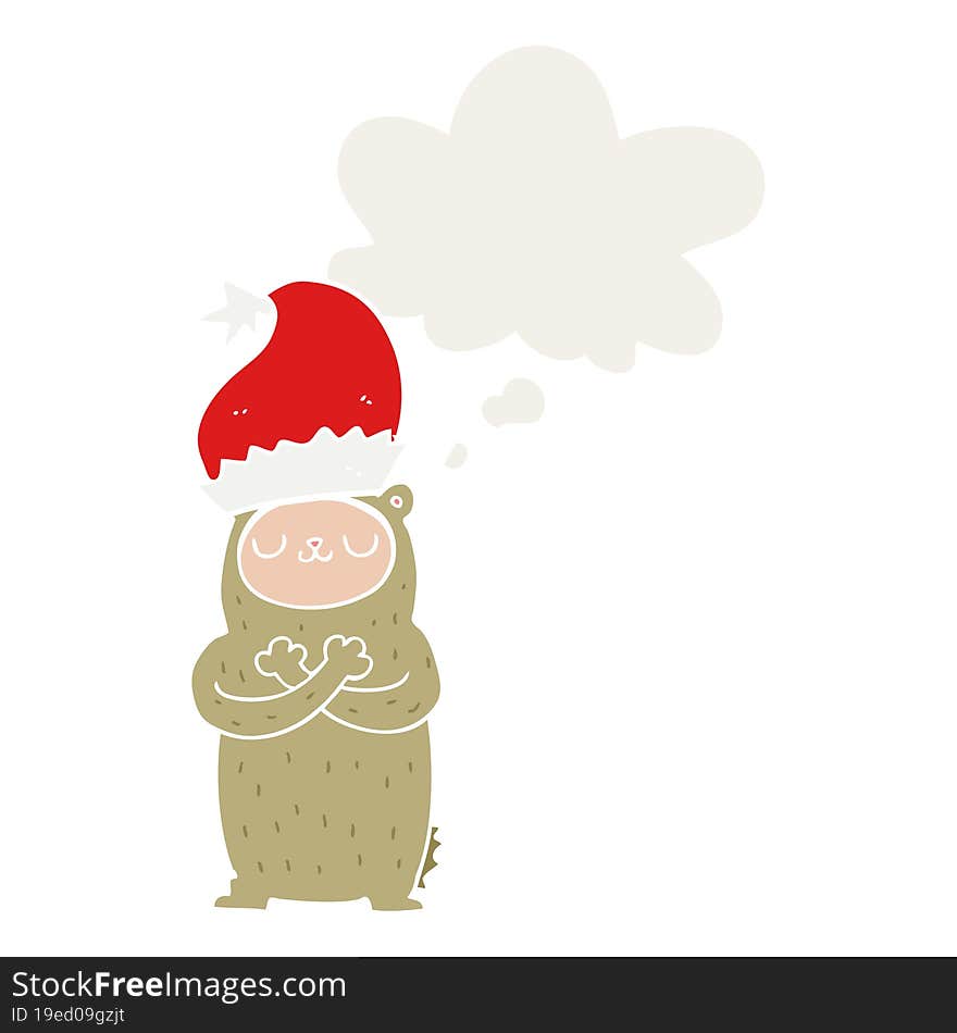 cartoon bear wearing christmas hat with thought bubble in retro style