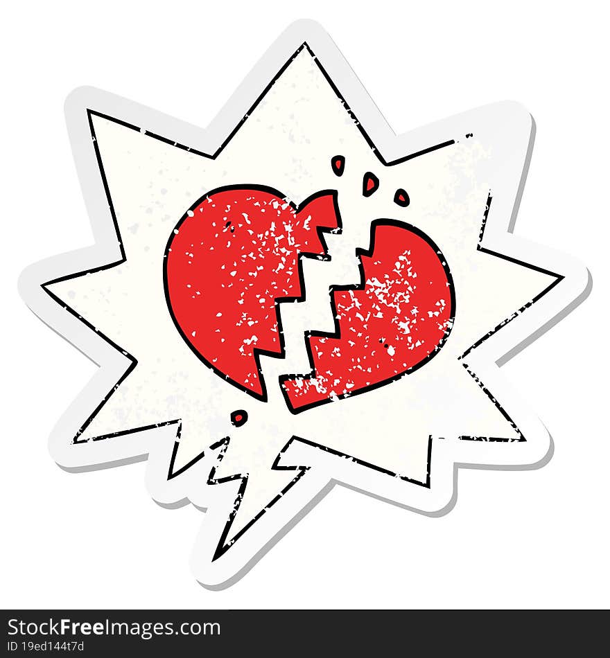 cartoon broken heart and speech bubble distressed sticker