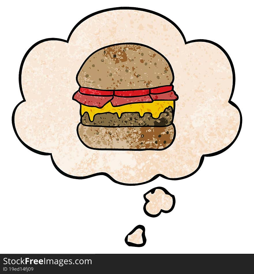 Cartoon Burger And Thought Bubble In Grunge Texture Pattern Style