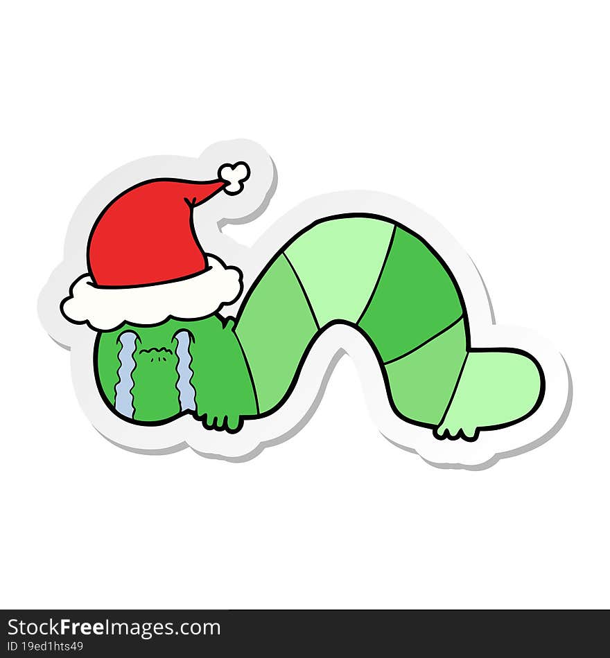 Sticker Cartoon Of A Caterpillar Obsessing Over His Regrets Wearing Santa Hat