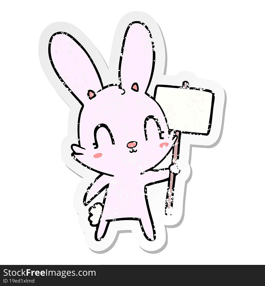 distressed sticker of a cute cartoon rabbit with sign