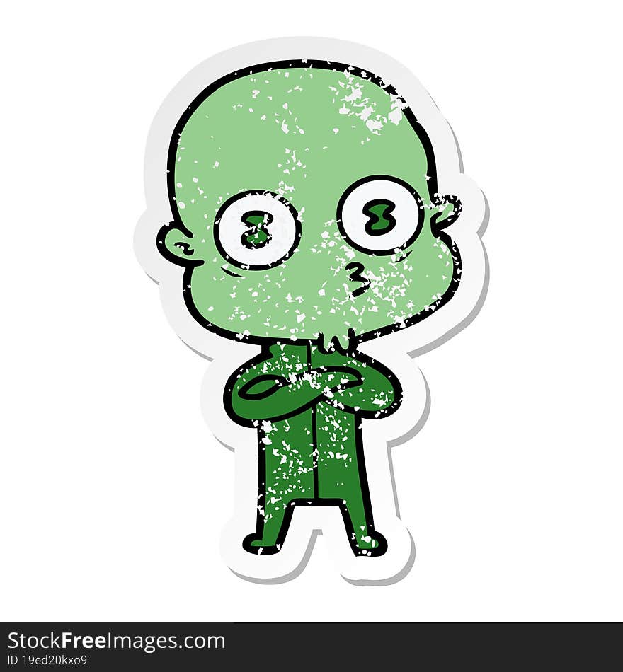 distressed sticker of a cartoon weird bald spaceman