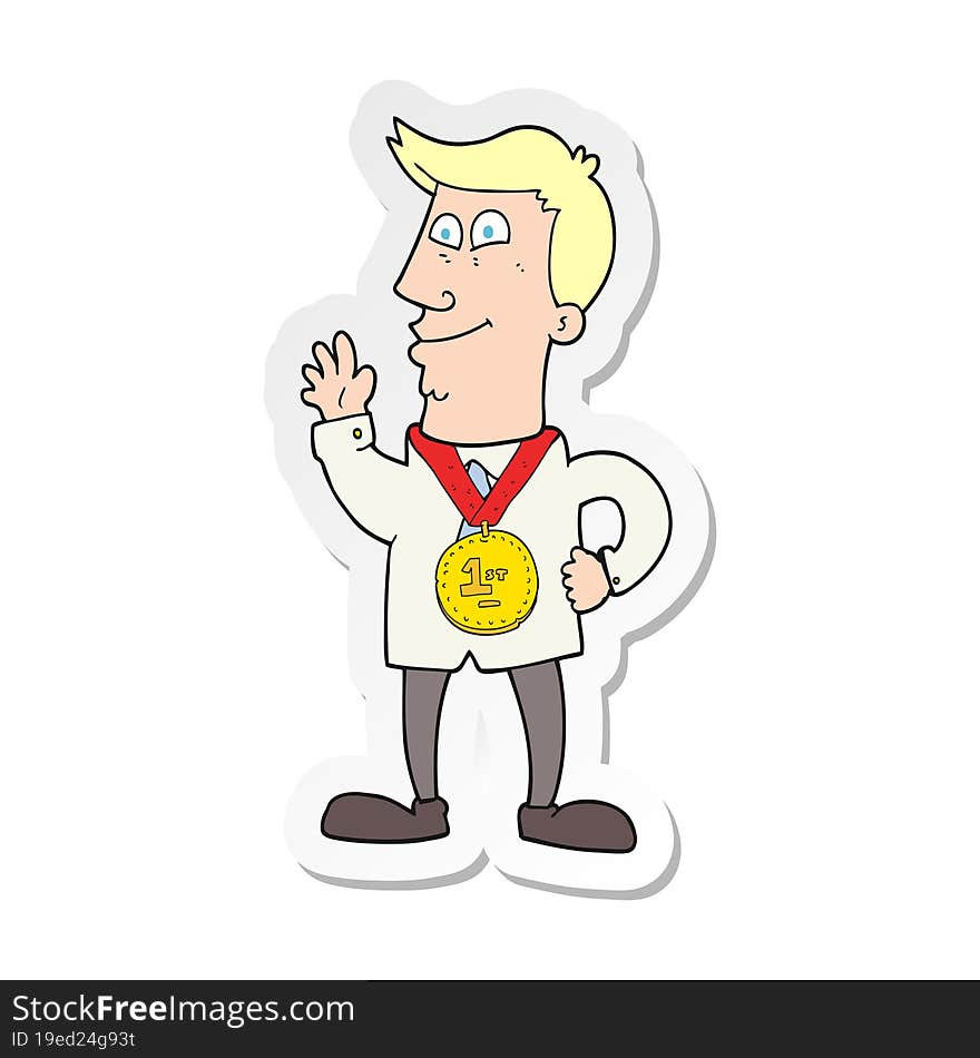 Sticker Of A Cartoon Waving Man With Award