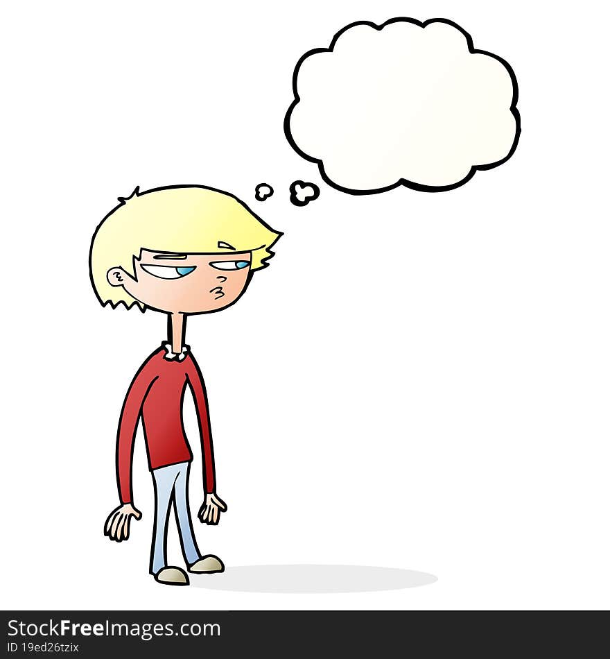 cartoon suspicious boy with thought bubble