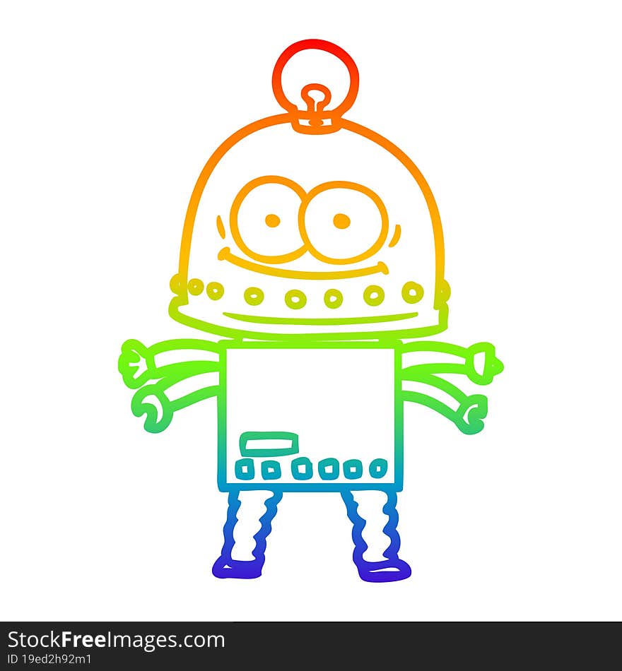 rainbow gradient line drawing of a happy carton robot with light bulb