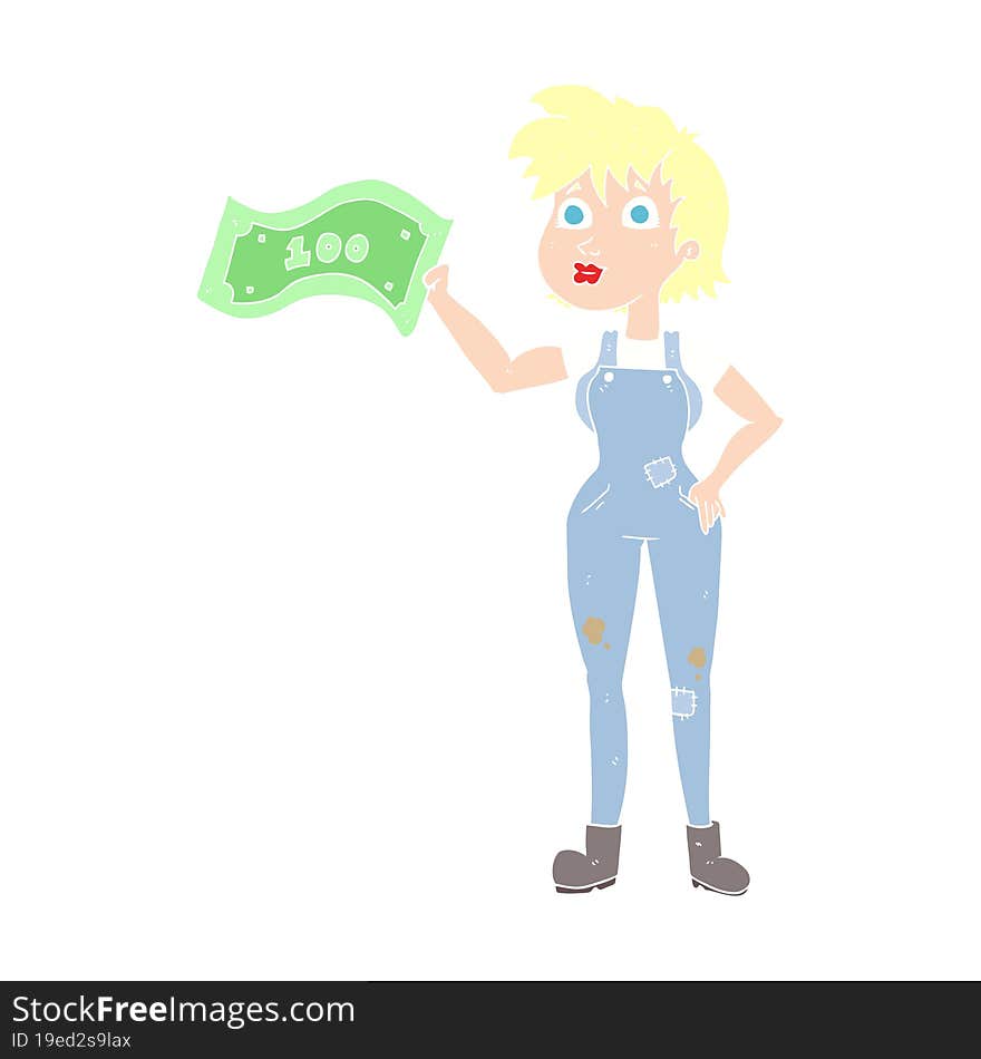 flat color illustration of a cartoon confident farmer woman with money