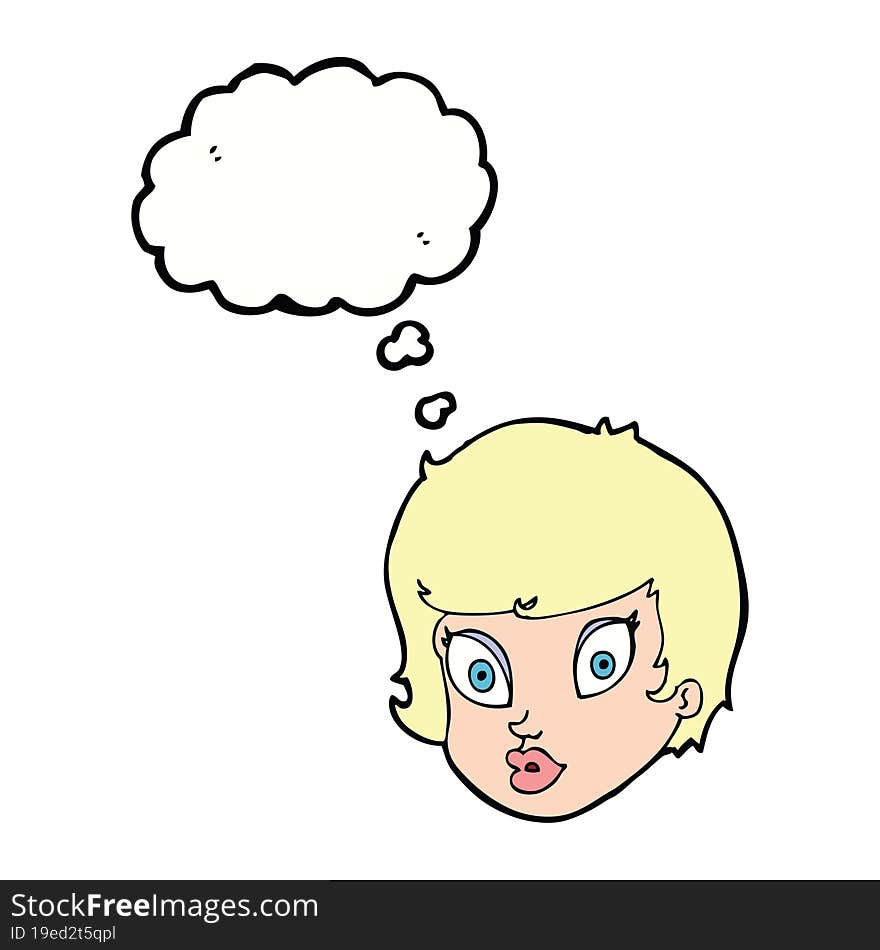 cartoon surprised female face with thought bubble