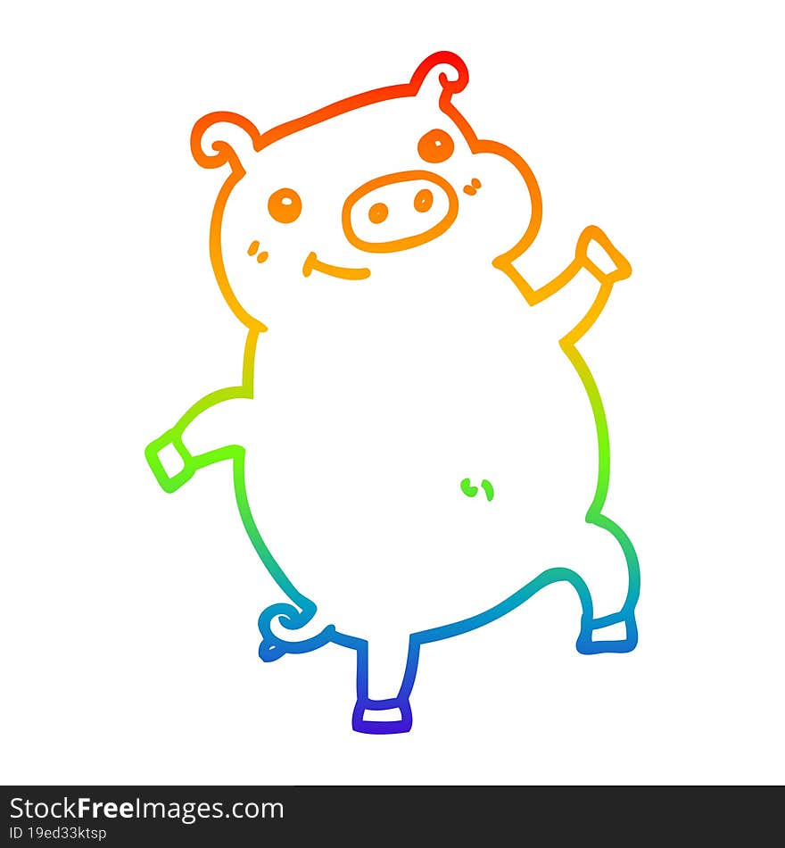 rainbow gradient line drawing of a cartoon dancing pig