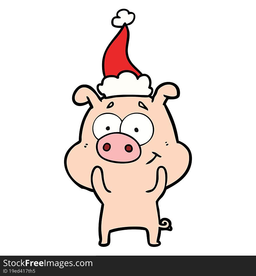 happy line drawing of a pig wearing santa hat