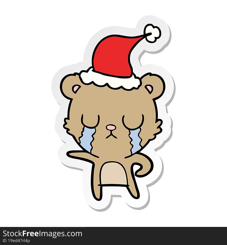 crying sticker cartoon of a bear wearing santa hat