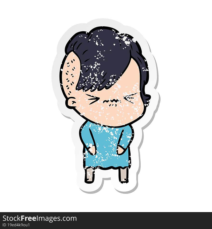 distressed sticker of a cartoon annoyed hipster girl