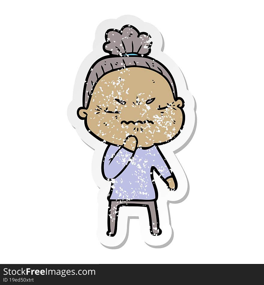 distressed sticker of a cartoon annoyed old lady