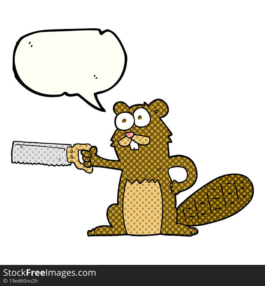 Comic Book Speech Bubble Cartoon Beaver With Saw