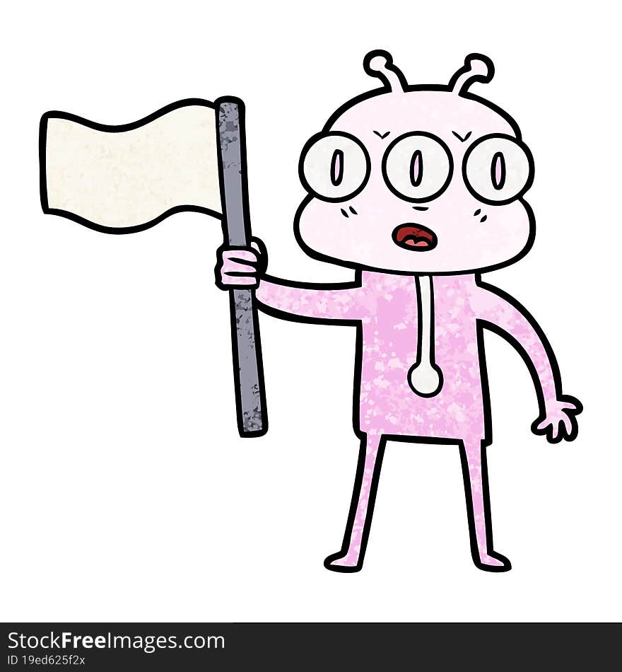 cartoon three eyed alien waving flag. cartoon three eyed alien waving flag