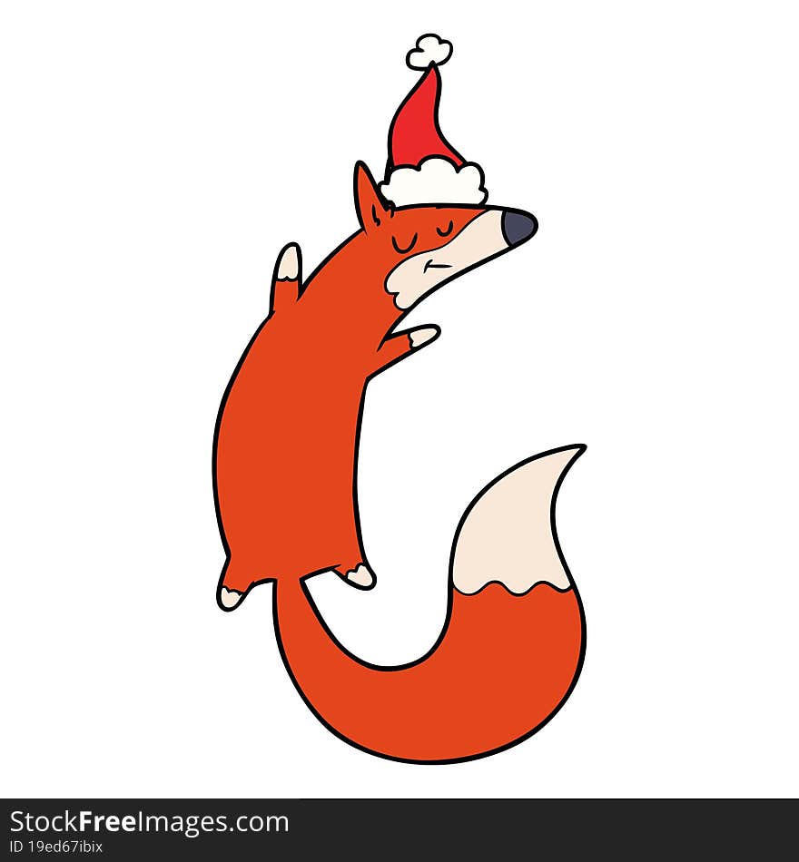 line drawing of a jumping fox wearing santa hat