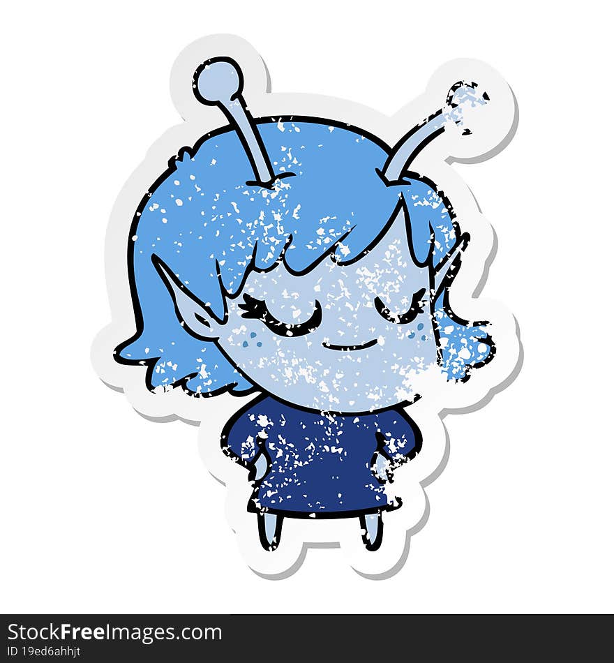 distressed sticker of a smiling alien girl cartoon