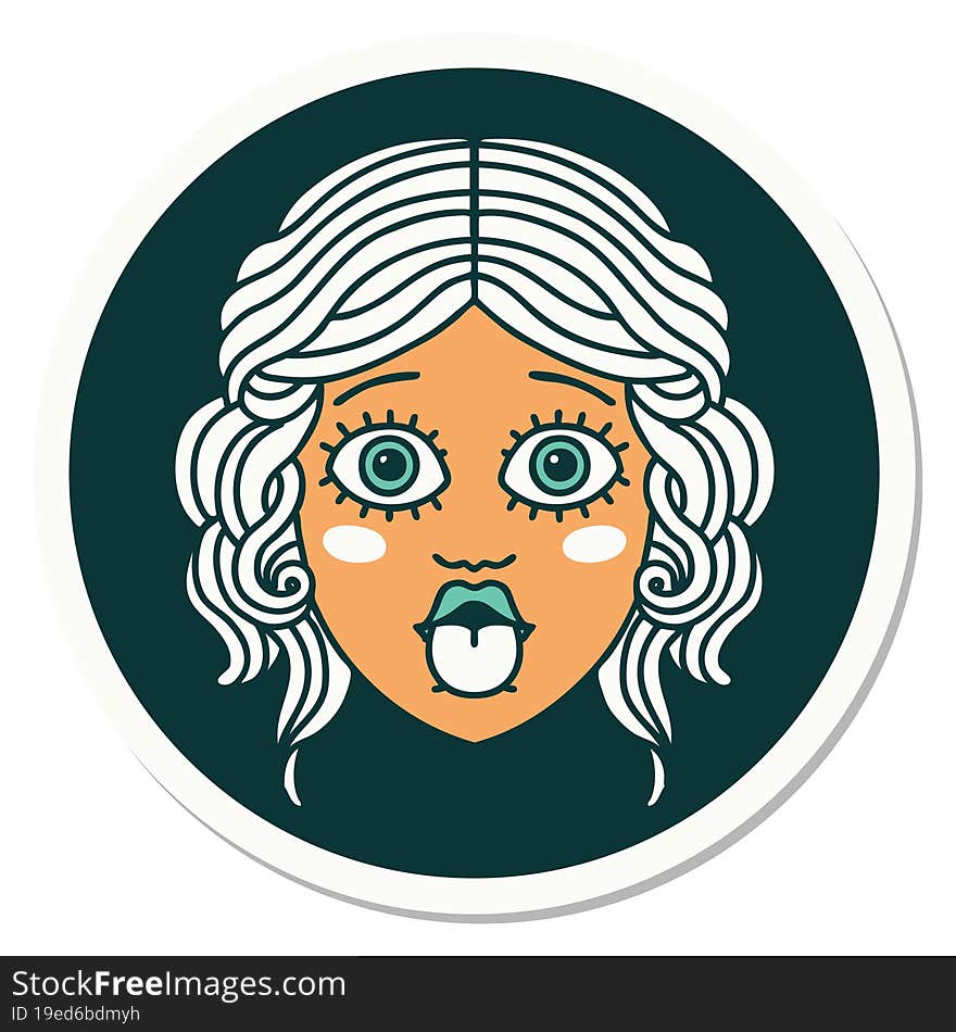 tattoo style sticker of female face sticking out tongue