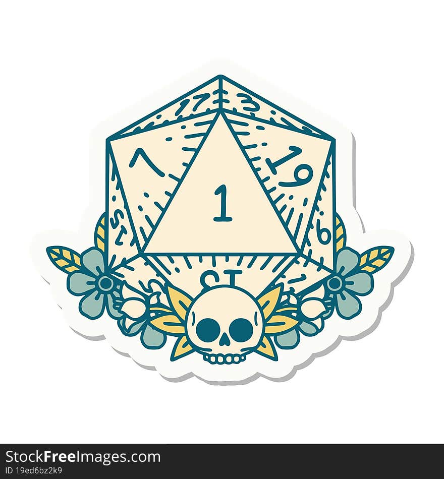 sticker of a natural one dice roll with floral elements. sticker of a natural one dice roll with floral elements