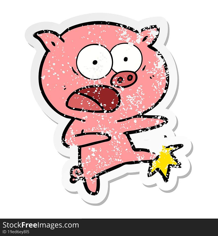 distressed sticker of a cartoon pig shouting and kicking