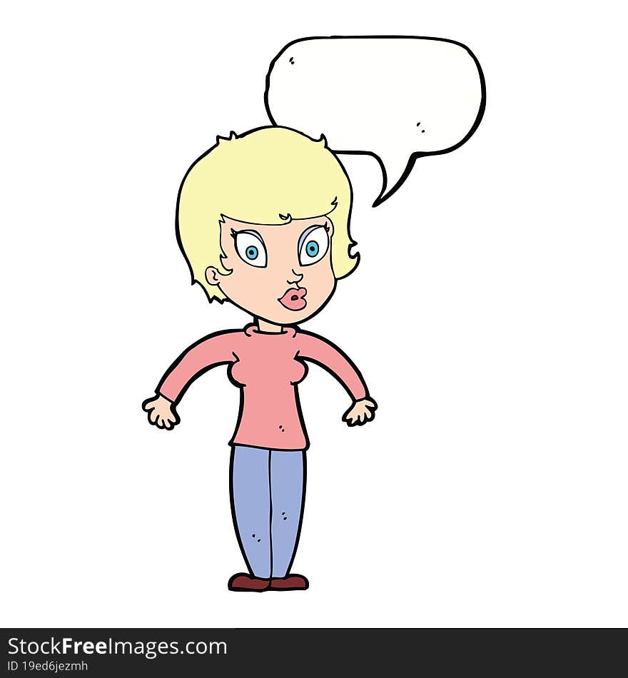 cartoon woman shrugging shoulders with speech bubble