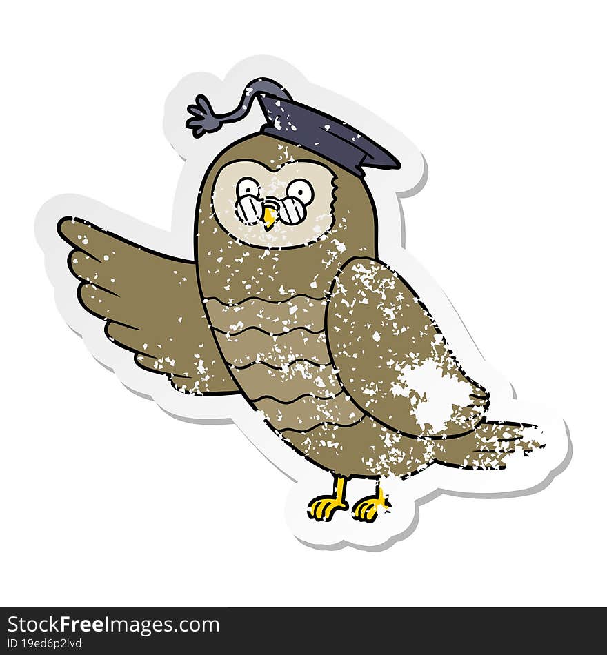 distressed sticker of a cartoon owl graduate