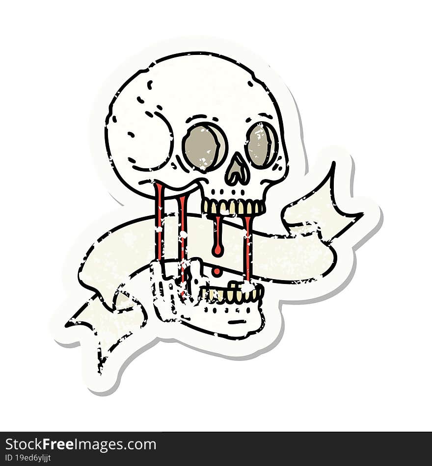 grunge sticker with banner of a skull