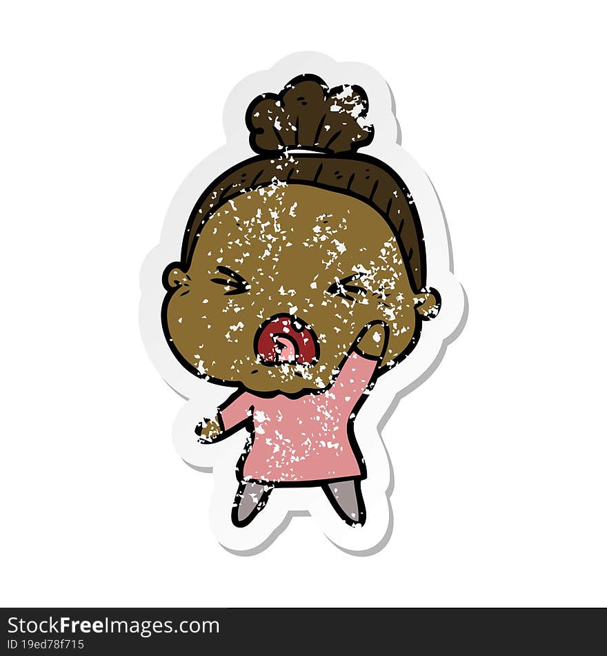 distressed sticker of a cartoon angry old woman