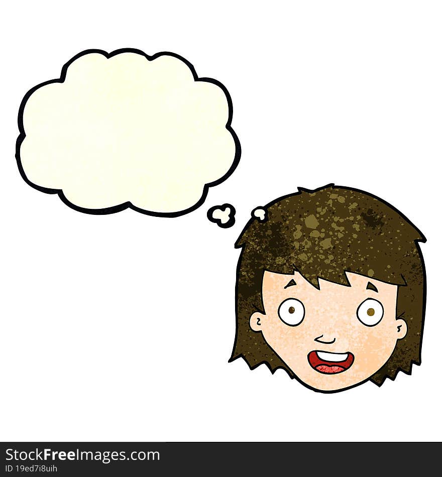 cartoon happy female face with thought bubble