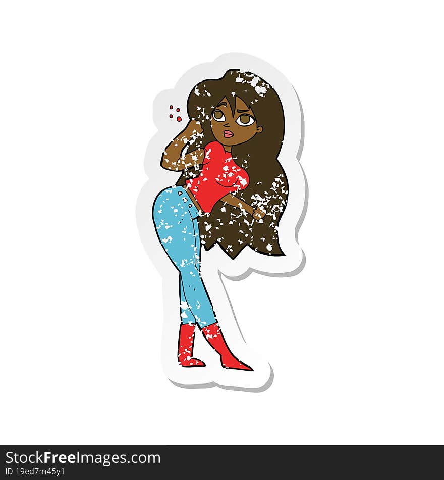 retro distressed sticker of a cartoon woman raising fist