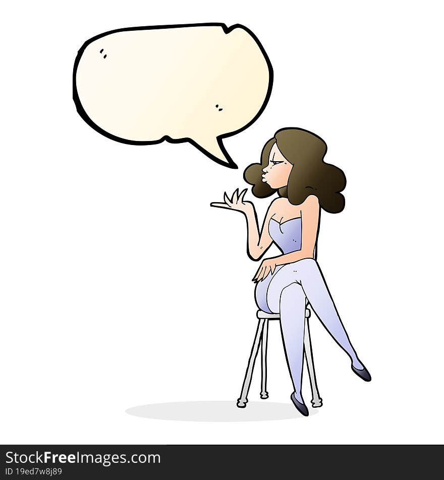 cartoon woman sitting on bar stool with speech bubble