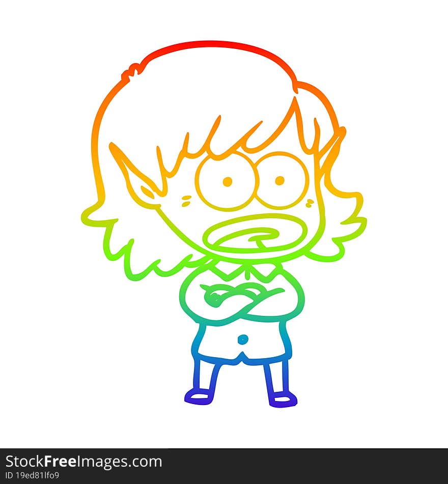 rainbow gradient line drawing of a cartoon shocked elf girl