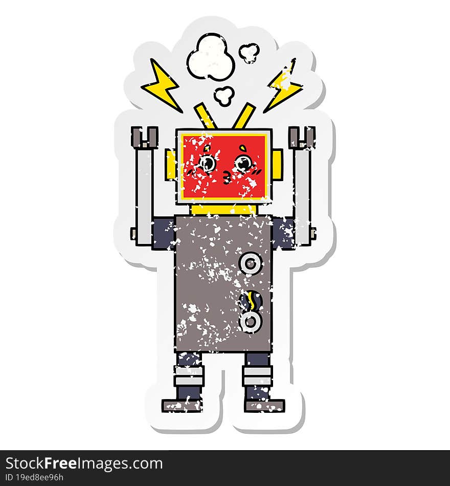 distressed sticker of a cute cartoon robot malfunction