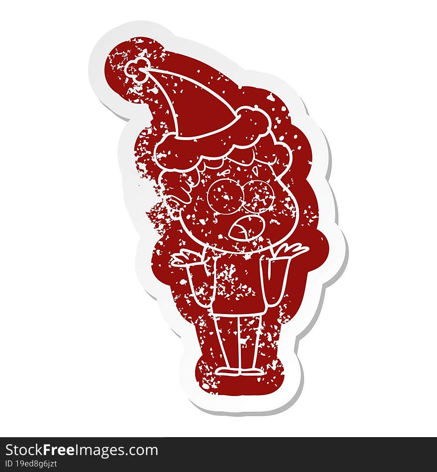 cartoon distressed sticker of a man gasping in surprise wearing santa hat