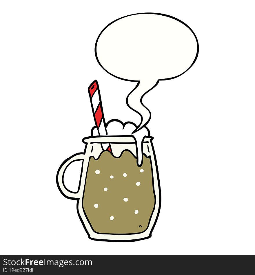 cartoon glass of root beer and straw and speech bubble