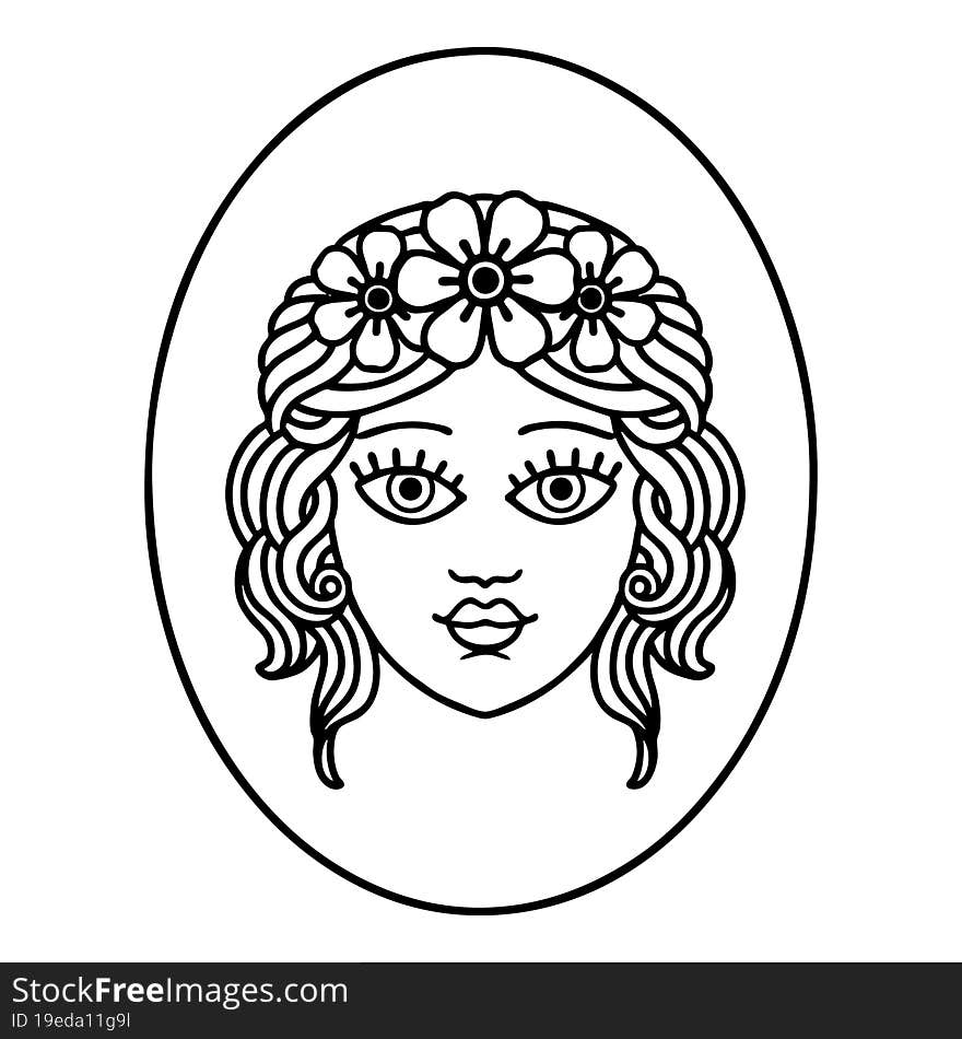 tattoo in black line style of a maiden with crown of flowers. tattoo in black line style of a maiden with crown of flowers