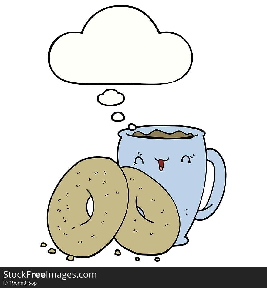 cartoon coffee and donuts with thought bubble