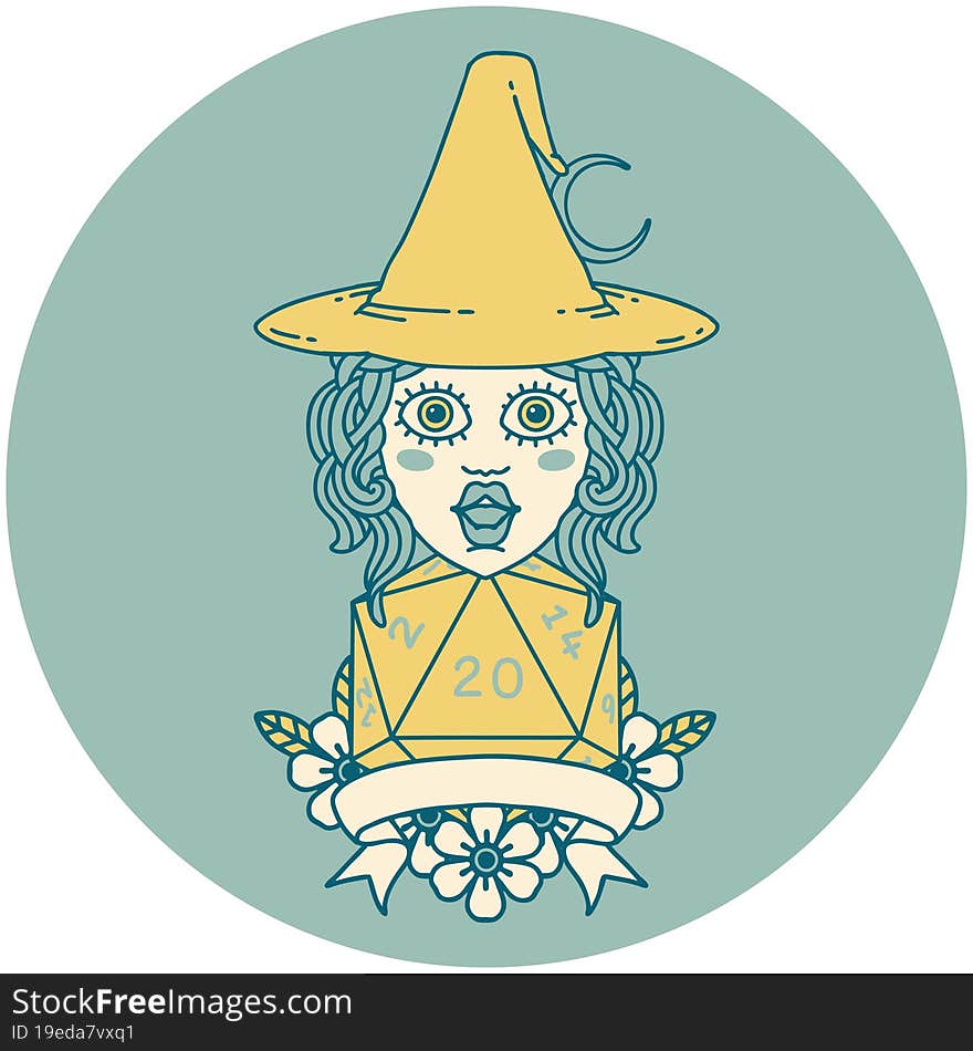 Human Witch With Natural Twenty Dice Roll Illustration