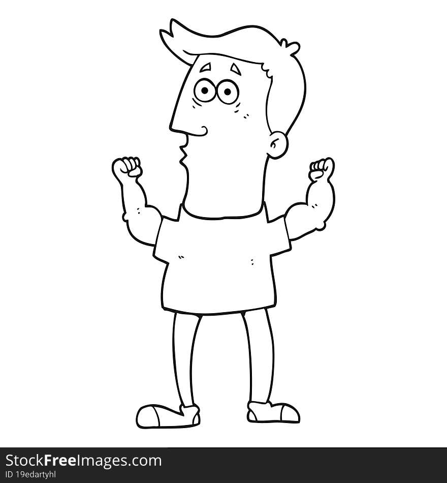 Black And White Cartoon Surprised Man Flexing Biceps