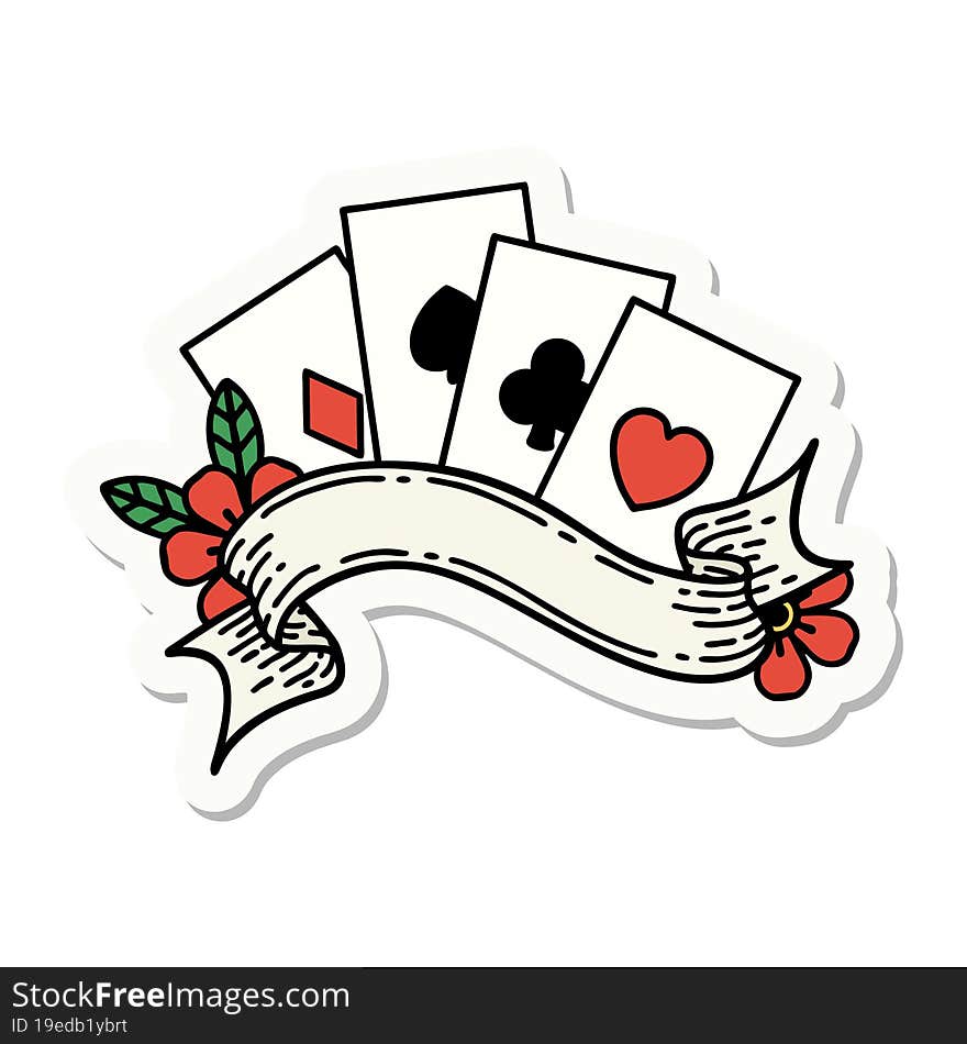 Tattoo Style Sticker Of Cards And Banner