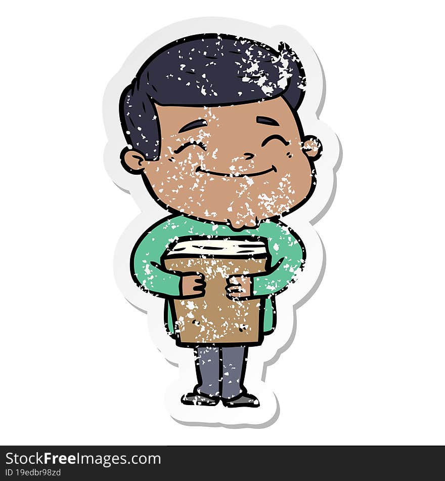 distressed sticker of a happy cartoon man holding book