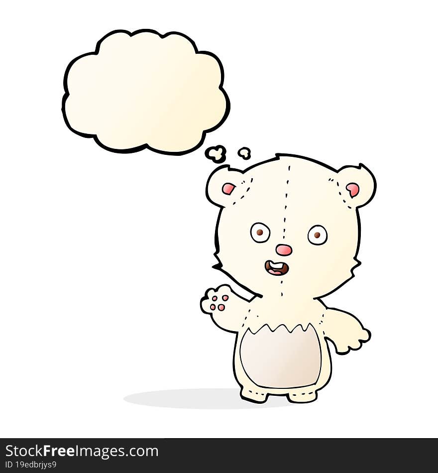 cartoon waving polar bear cub with thought bubble